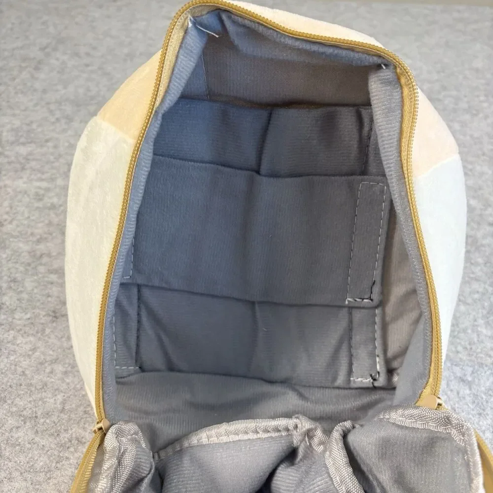 Plush Fuzzy Fleece Brown Beige Collapsible Zip Closure Makeup Bag 10